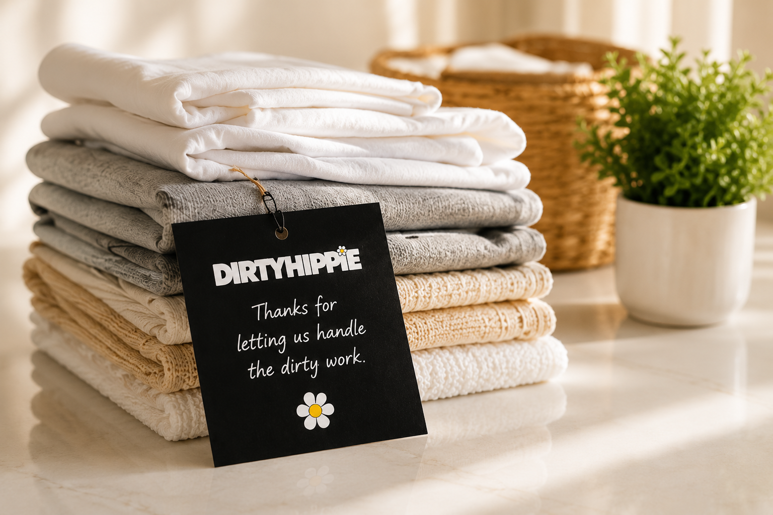 Freshly folded laundry with a Dirty Hippie thank-you tag